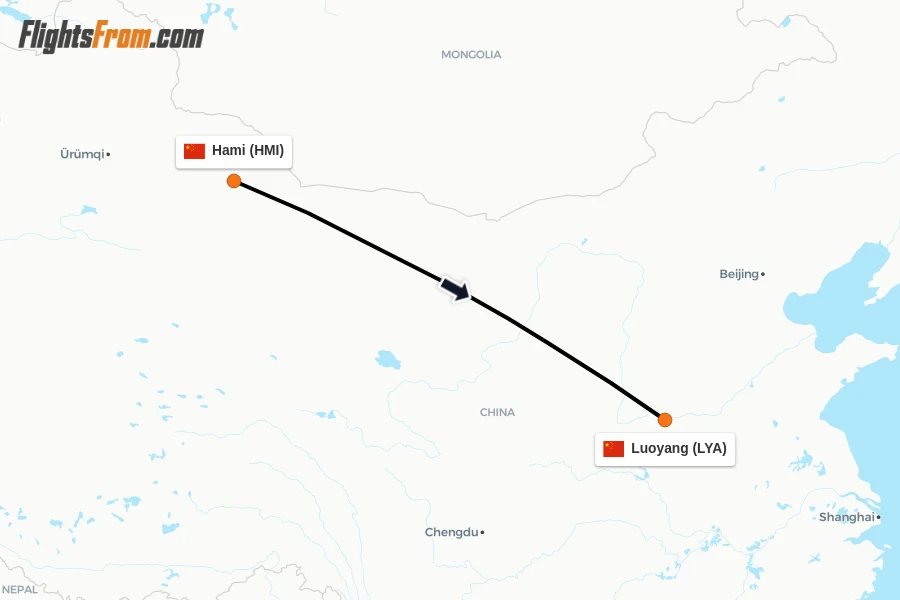 Flights from Hami to Luoyang route map