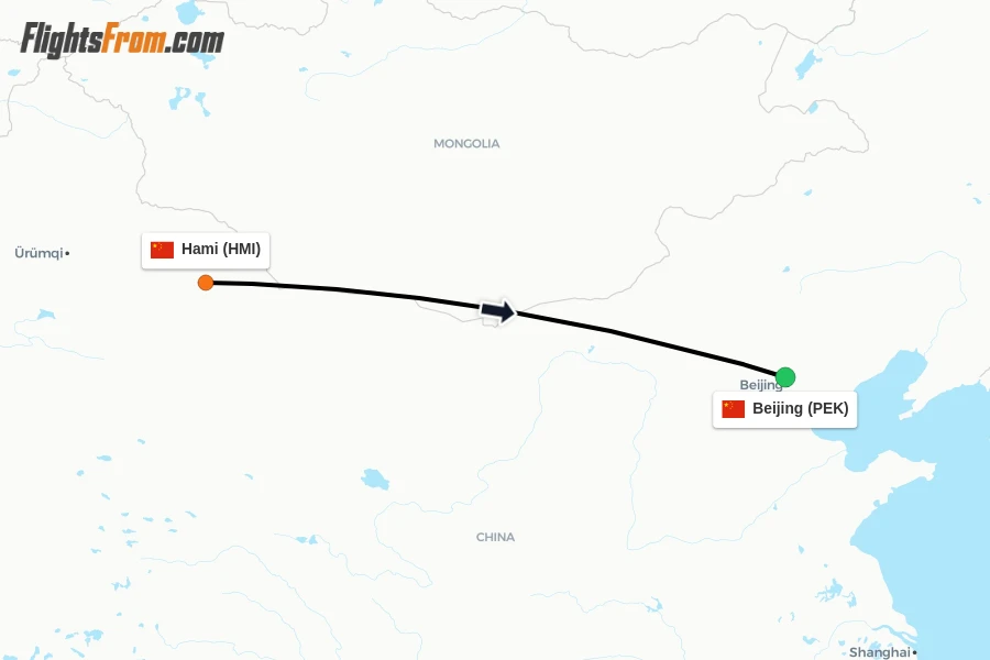 Flights from Hami to Beijing route map