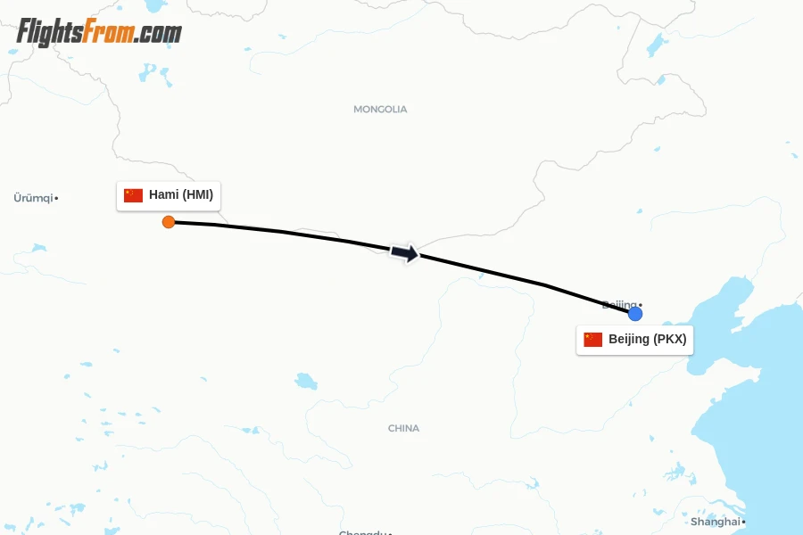Flights from Hami to Beijing route map