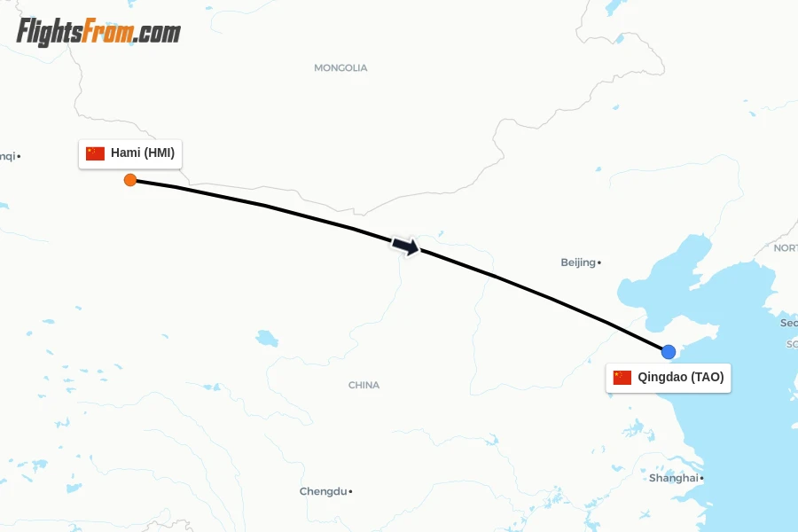 Flights from Hami to Qingdao route map