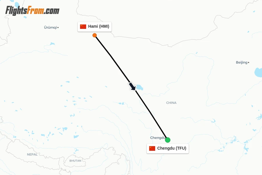 Flights from Hami to Chengdu route map