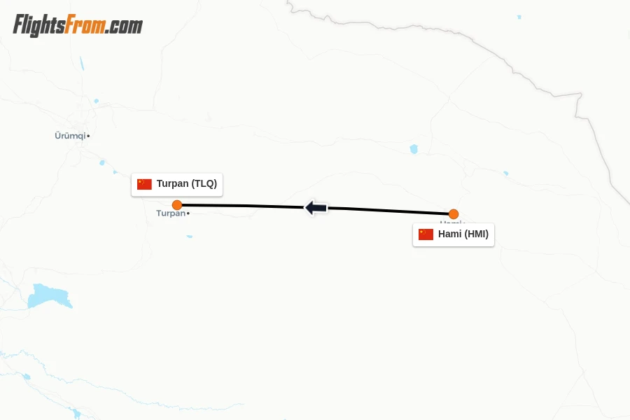 Flights from Hami to Turpan route map