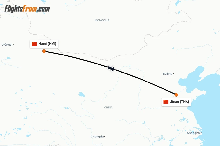 Flights from Hami to Jinan route map
