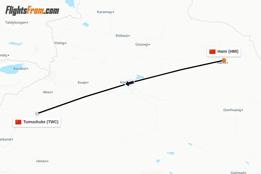 Flights from Hami to Tumushuke route map