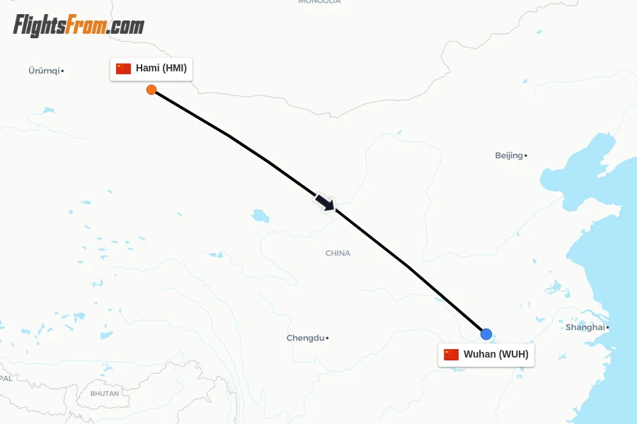 Flights from Hami to Wuhan route map