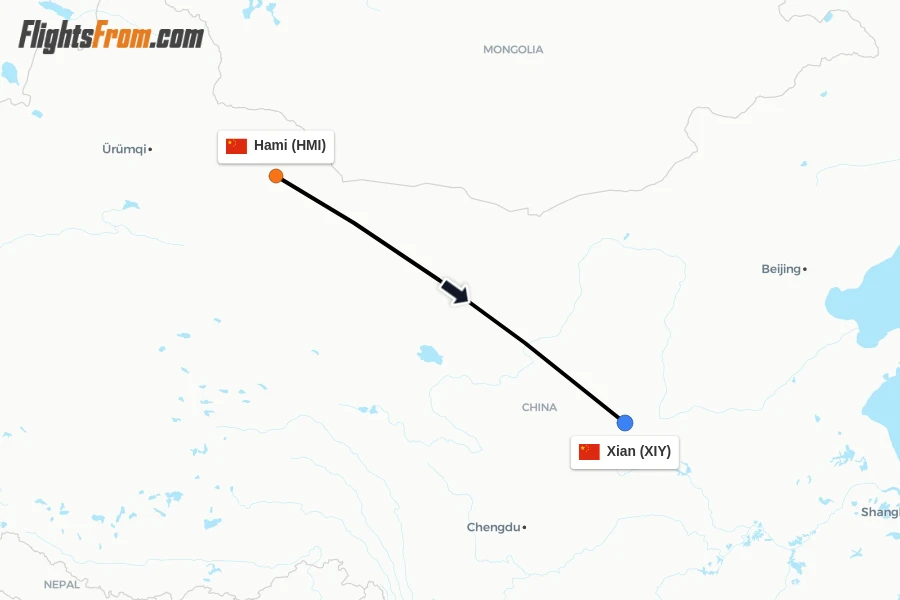 Flights from Hami to Xian route map