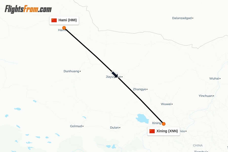 Flights from Hami to Xining route map