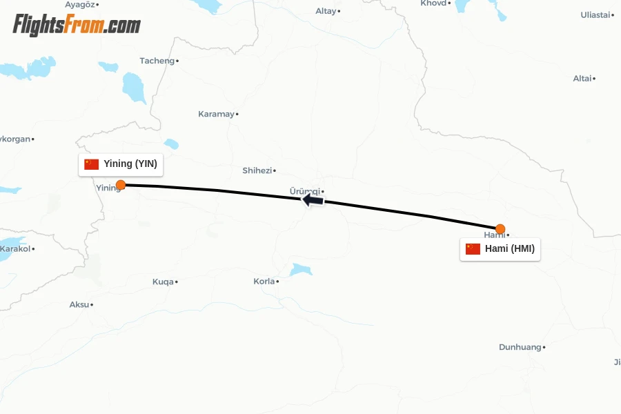 Flights from Hami to Yining route map