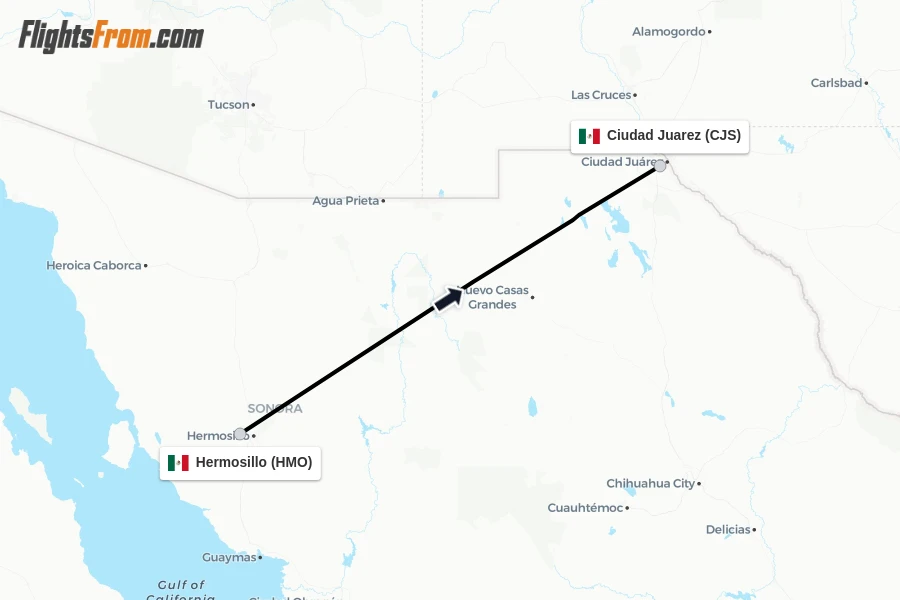 Flights from Hermosillo to Ciudad Juarez route map