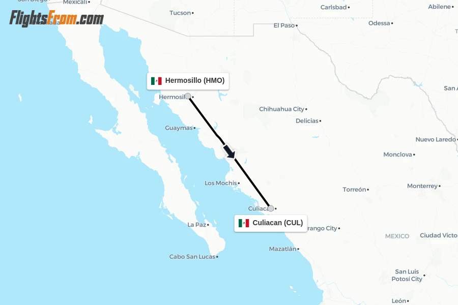 Flights from Hermosillo to Culiacan route map