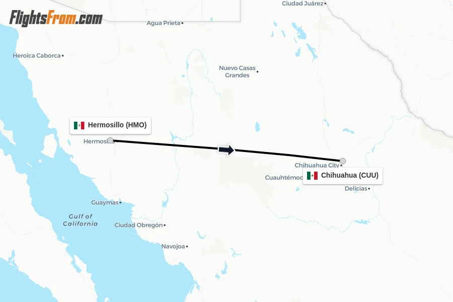 Flights from Hermosillo to Chihuahua route map