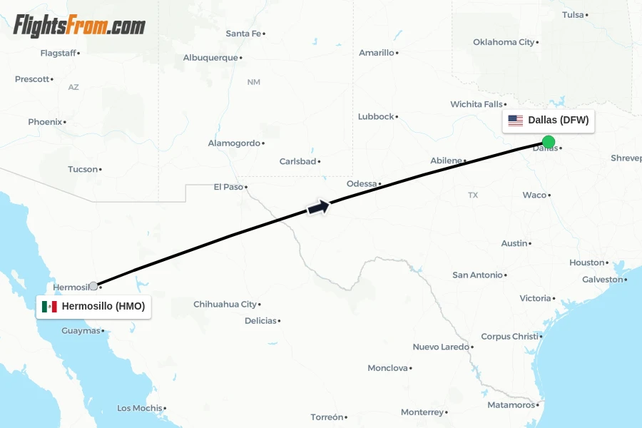 Flights from Hermosillo to Dallas route map