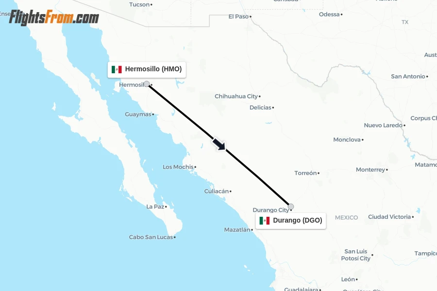 Flights from Hermosillo to Durango route map