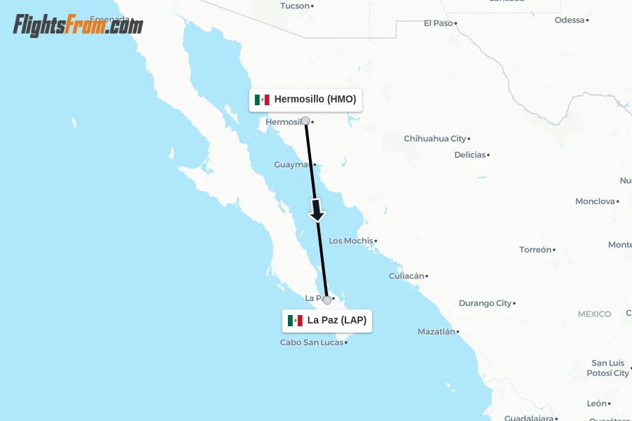 Flights from Hermosillo to La Paz route map