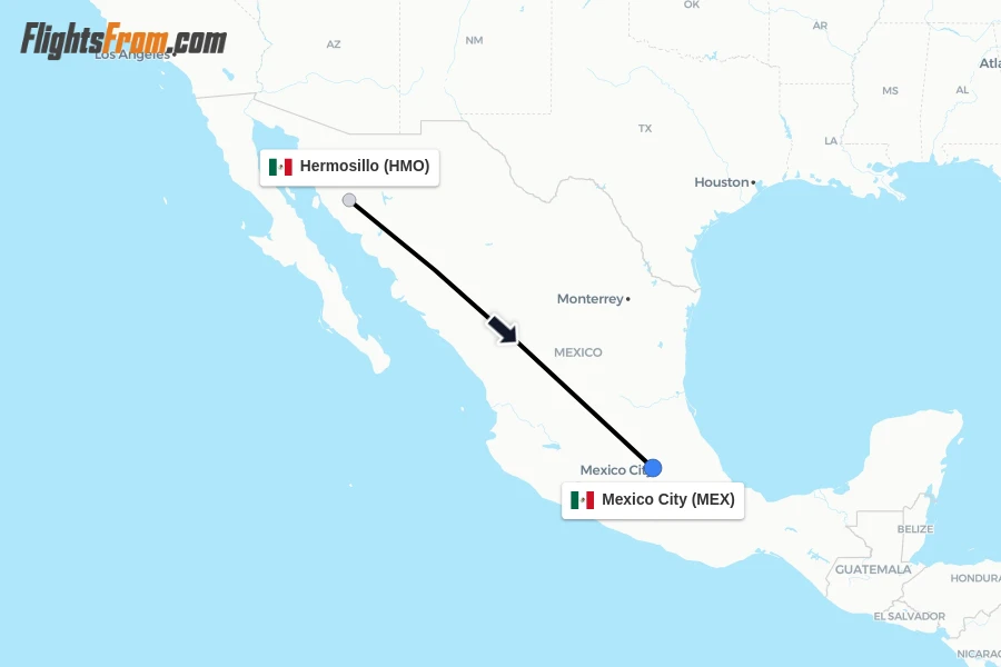 Flights from Hermosillo to Mexico City route map