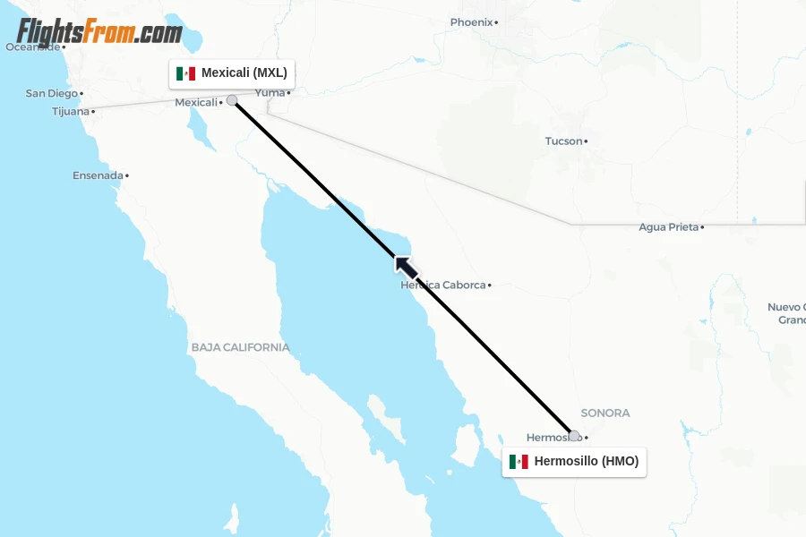 Flights from Hermosillo to Mexicali route map