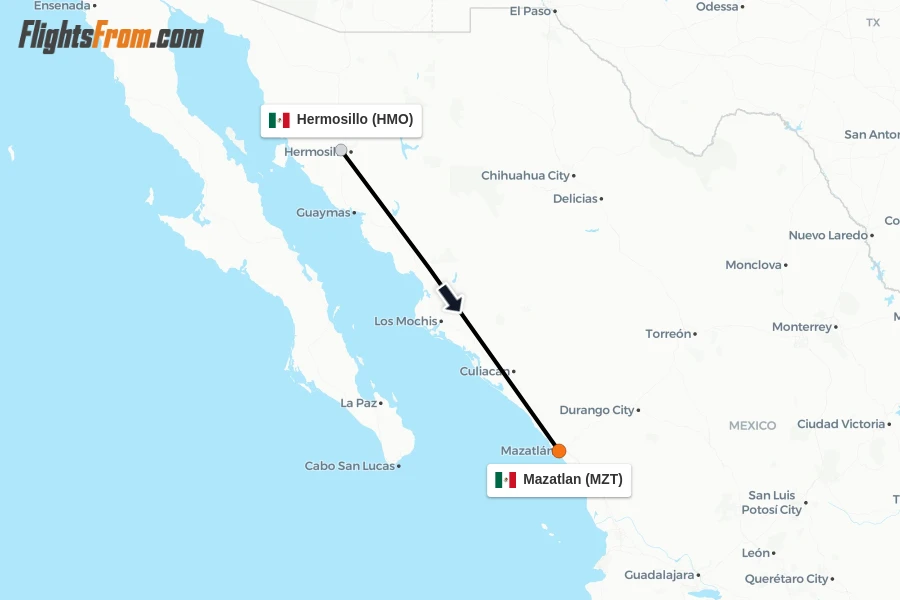 Flights from Hermosillo to Mazatlan route map