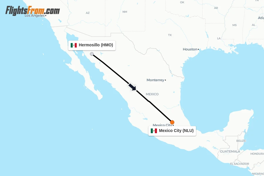 Flights from Hermosillo to Mexico City route map