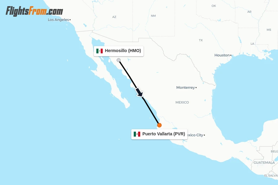 Flights from Hermosillo to Puerto Vallarta route map