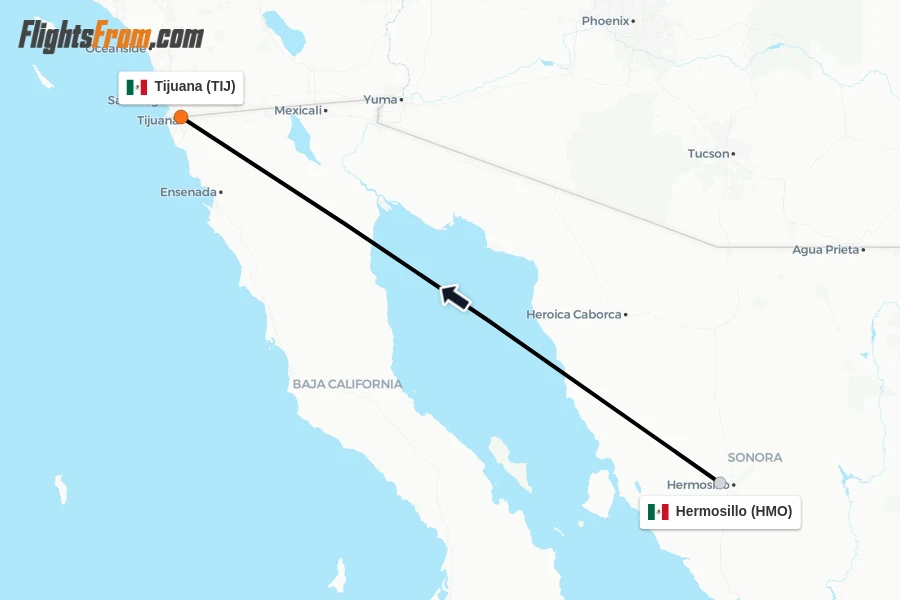 Flights from Hermosillo to Tijuana route map