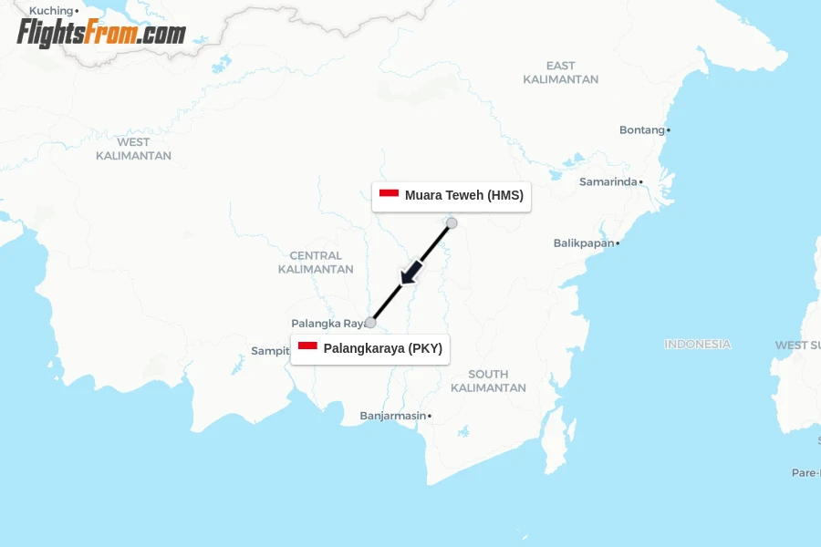 Flights from Muara Teweh to Palangkaraya route map