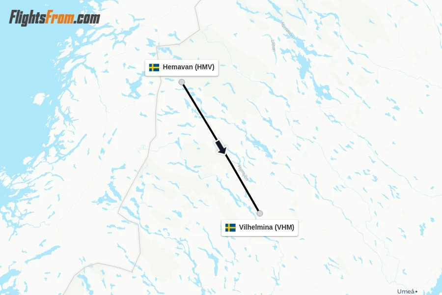 Flights from Hemavan to Vilhelmina route map