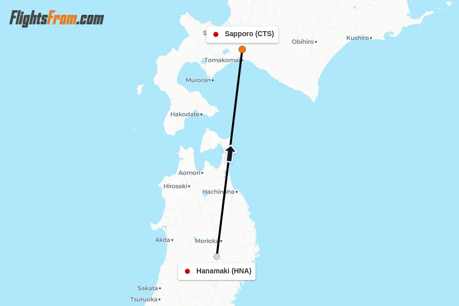 Flights from Hanamaki to Sapporo route map