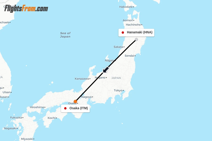 Flights from Hanamaki to Osaka route map
