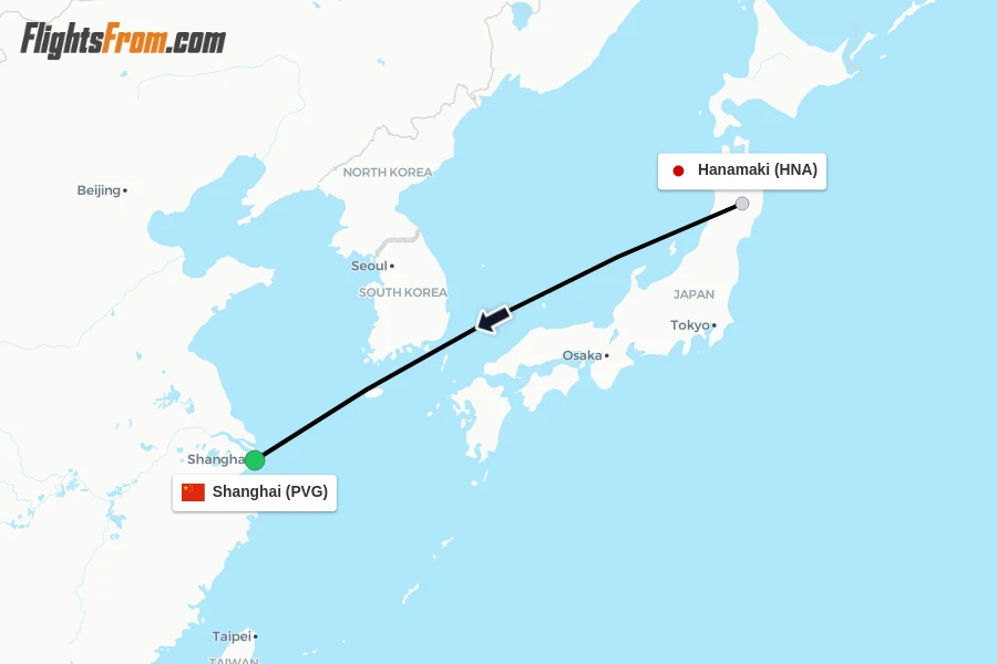Flights from Hanamaki to Shanghai route map