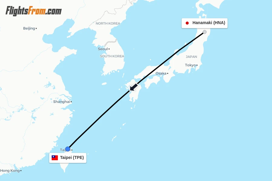 Flights from Hanamaki to Taipei route map