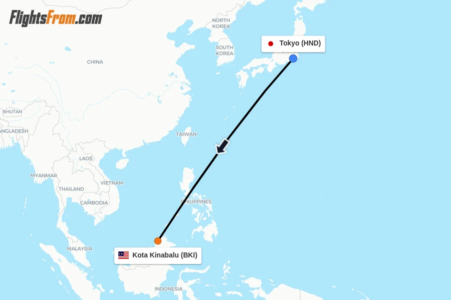 Flights from Tokyo to Kota Kinabalu route map