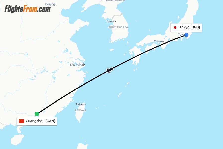 Flights from Tokyo to Guangzhou route map