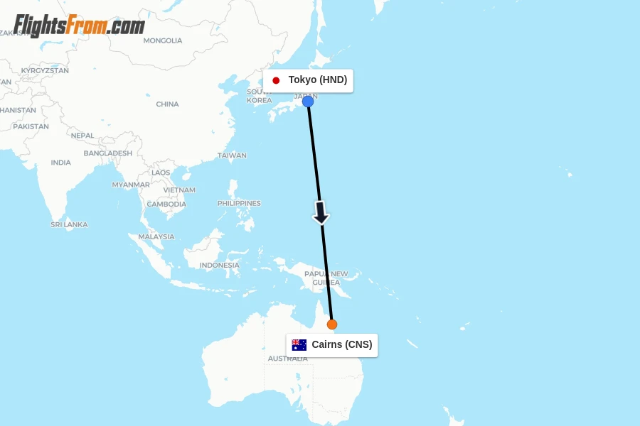 Flights from Tokyo to Cairns route map