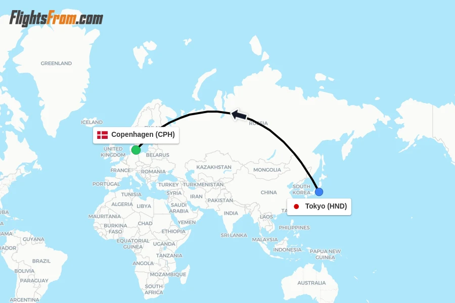 Flights from Tokyo to Copenhagen route map