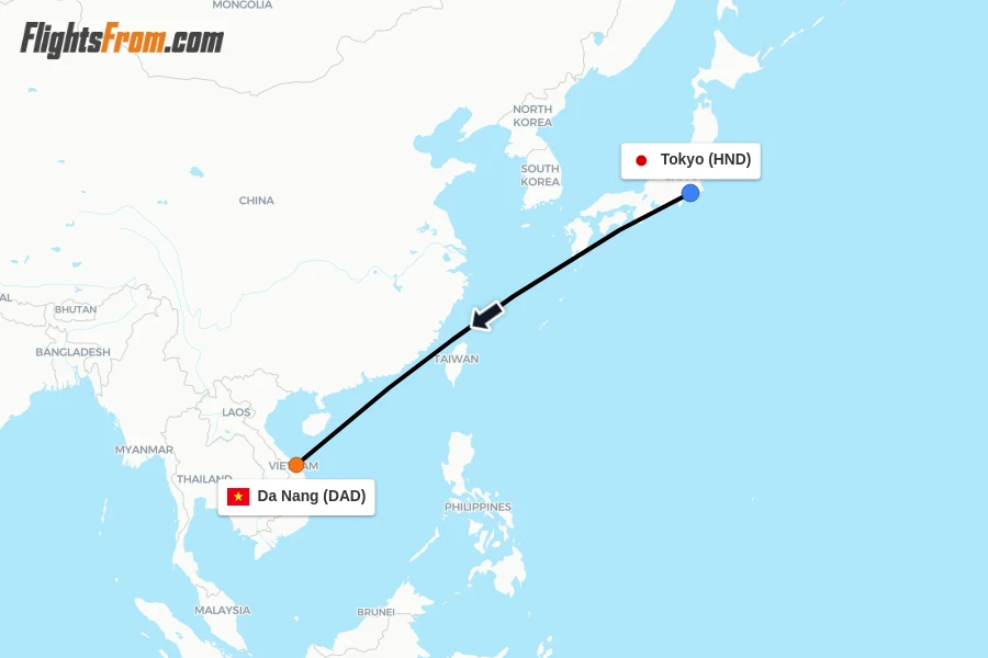 Flights from Tokyo to Da Nang route map