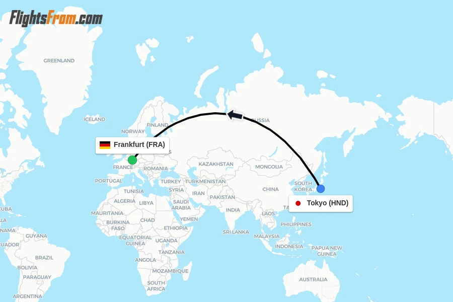 Flights from Tokyo to Frankfurt route map