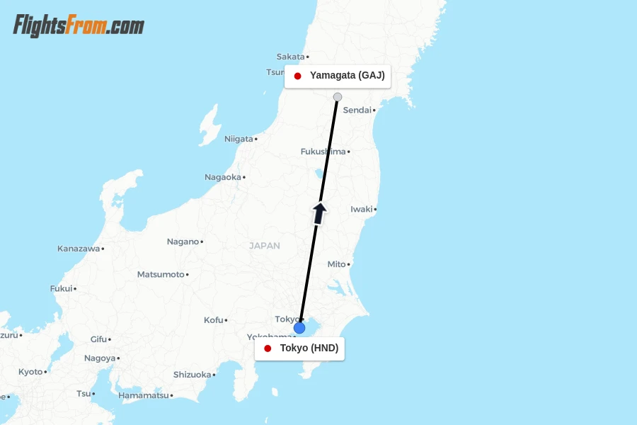 Flights from Tokyo to Yamagata route map