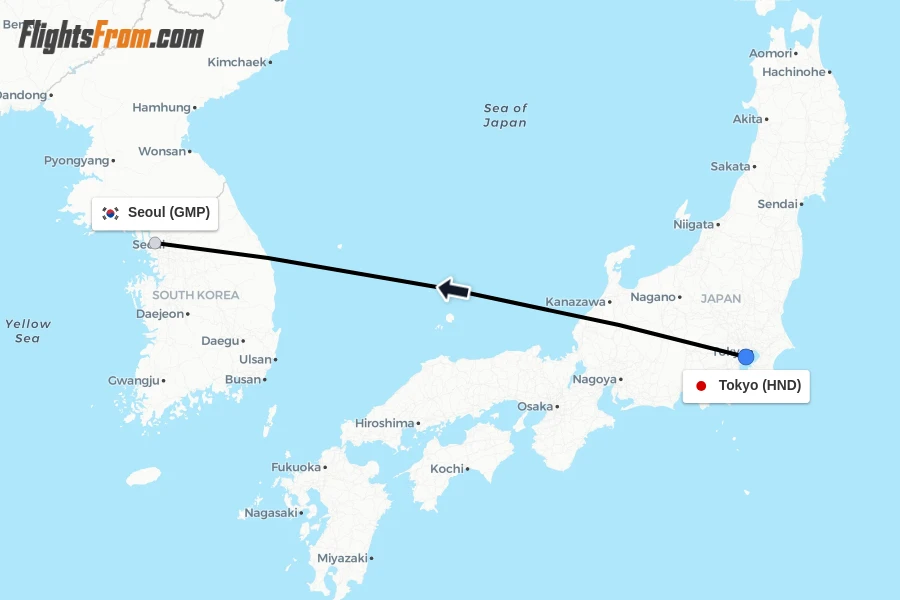 Flights from Tokyo to Seoul route map