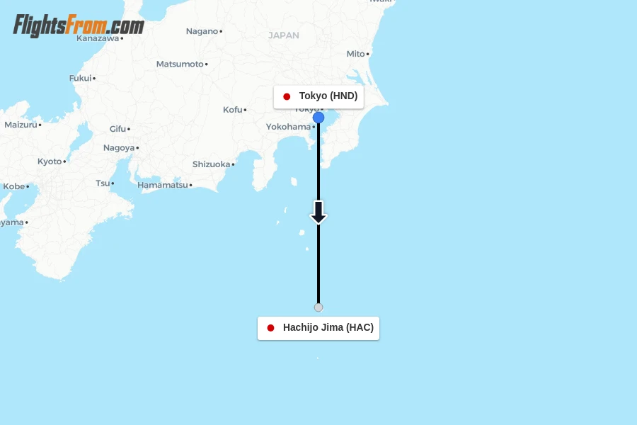 Flights from Tokyo to Hachijo Jima route map