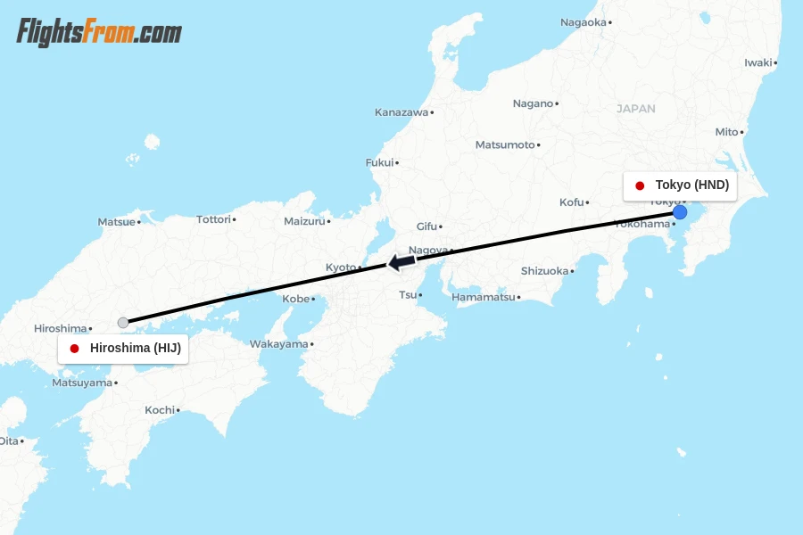 Flights from Tokyo to Hiroshima route map