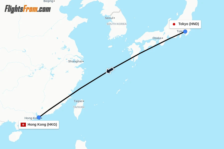 Flights from Tokyo to Hong Kong route map