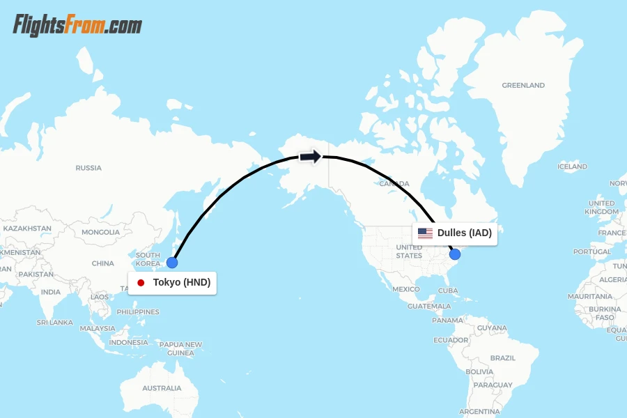 Flights from Tokyo to Dulles route map