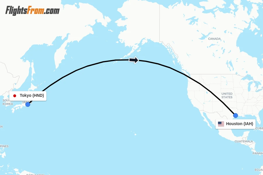 Flights from Tokyo to Houston route map