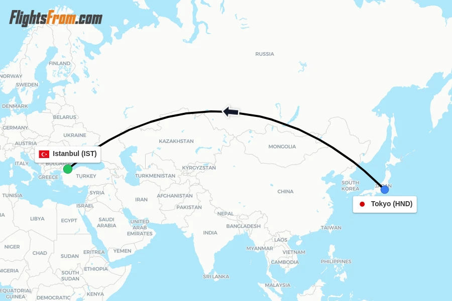 Flights from Tokyo to Istanbul route map