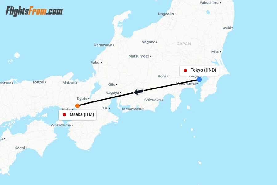 Flights from Tokyo to Osaka route map