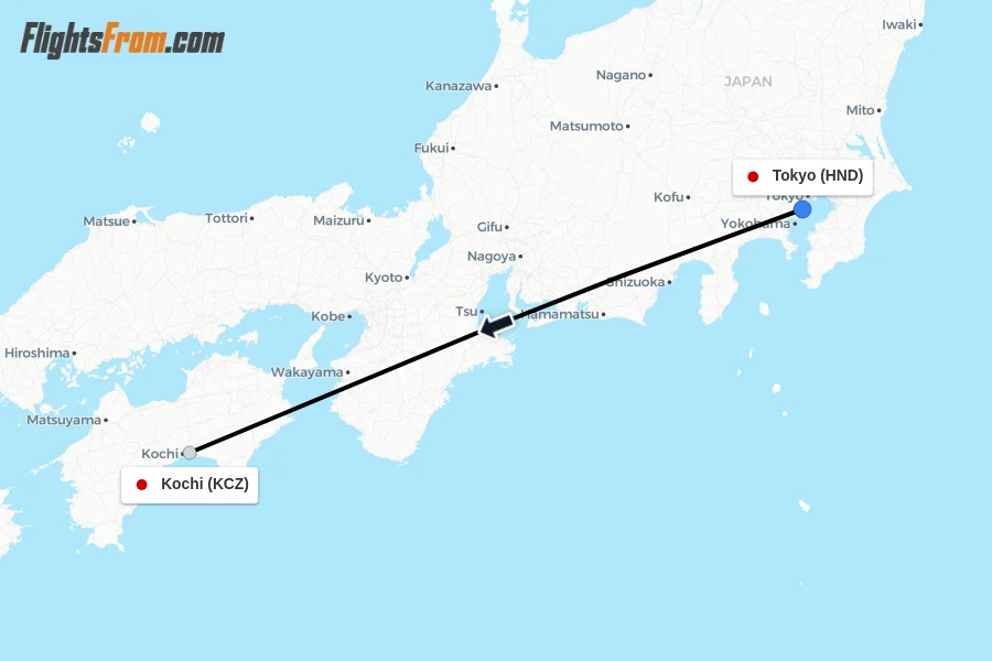 Flights from Tokyo to Kochi route map