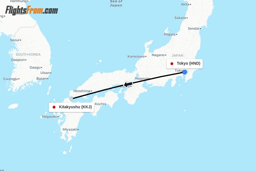 Flights from Tokyo to Kitakyushu route map