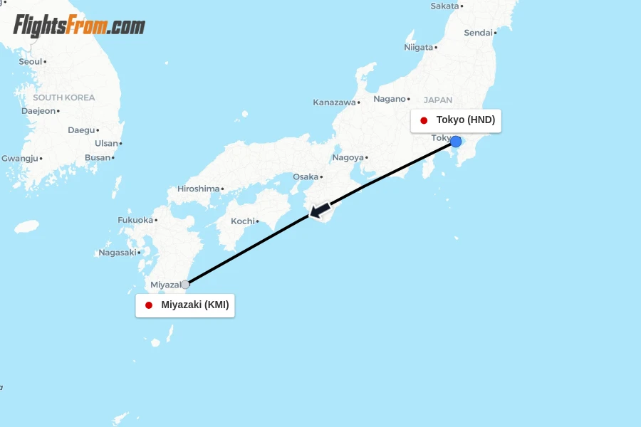 Flights from Tokyo to Miyazaki route map