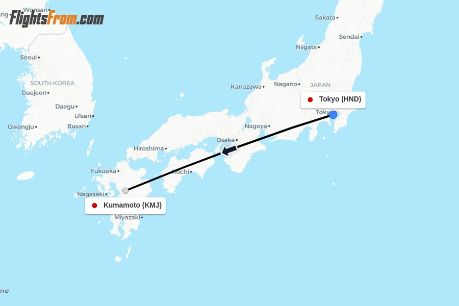 Flights from Tokyo to Kumamoto route map