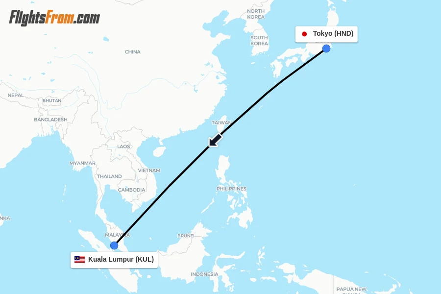 Flights from Tokyo to Kuala Lumpur route map